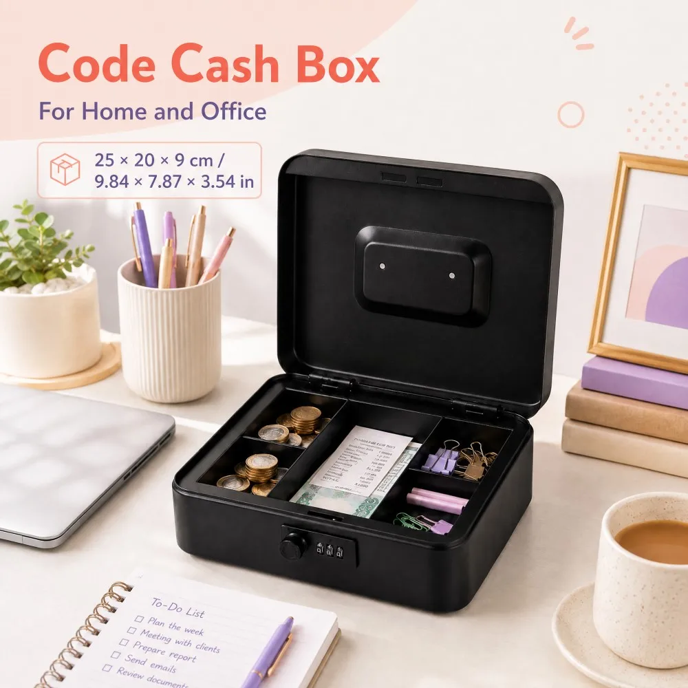 Anti‑Pry Steel Cash Safe Box 25x20x9cm Key Password Lock Removable Compartment Portable Storage For Store Cash Home Valuables