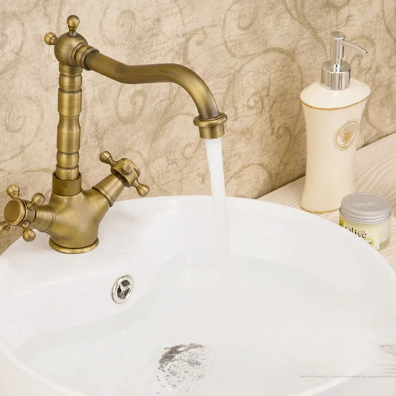 European Retro Brass Basin Faucet with Dual Handle Hot and Cold Rotatable Faucet for Bathroom Sink