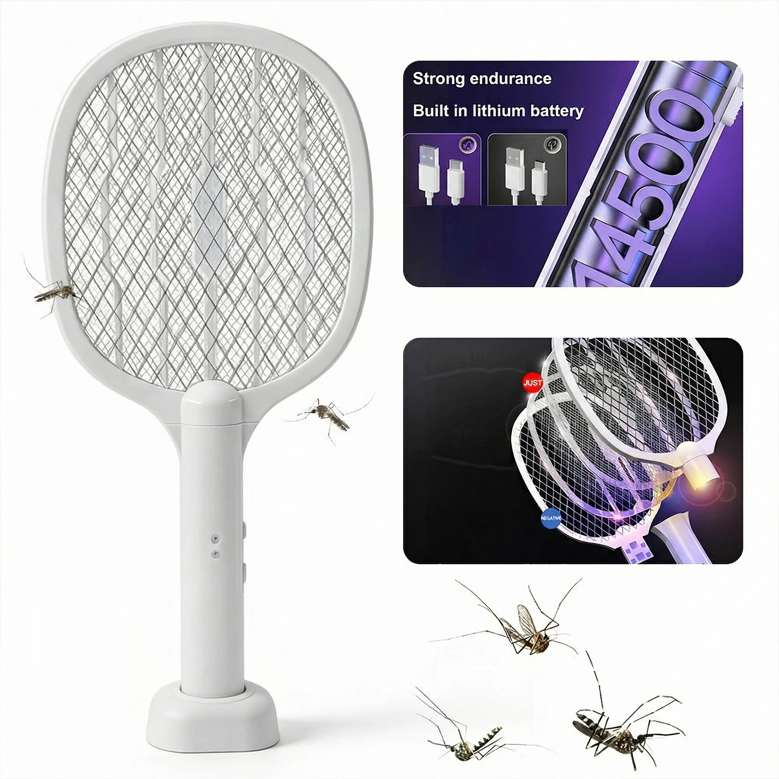 Powerful Electric Mosquito Swatter Handheld Fly Killer Bat Rechargeable Bug Zapper with UV Light Trap for Living Room Office