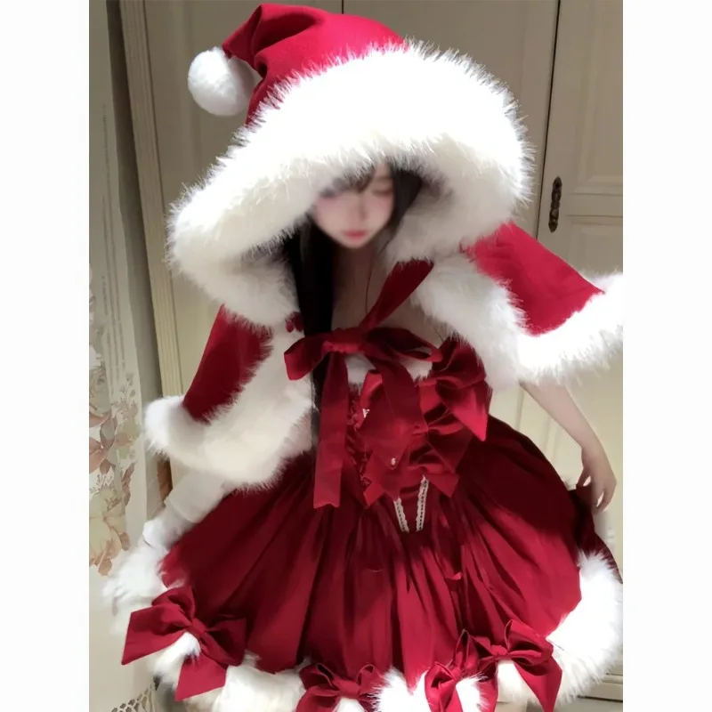 

Christmas Japanese Sweet Lolita Princess Dress Sexy Red Halter Tutu Skirt Cape Suit for Women Winter New Years Party Outfits