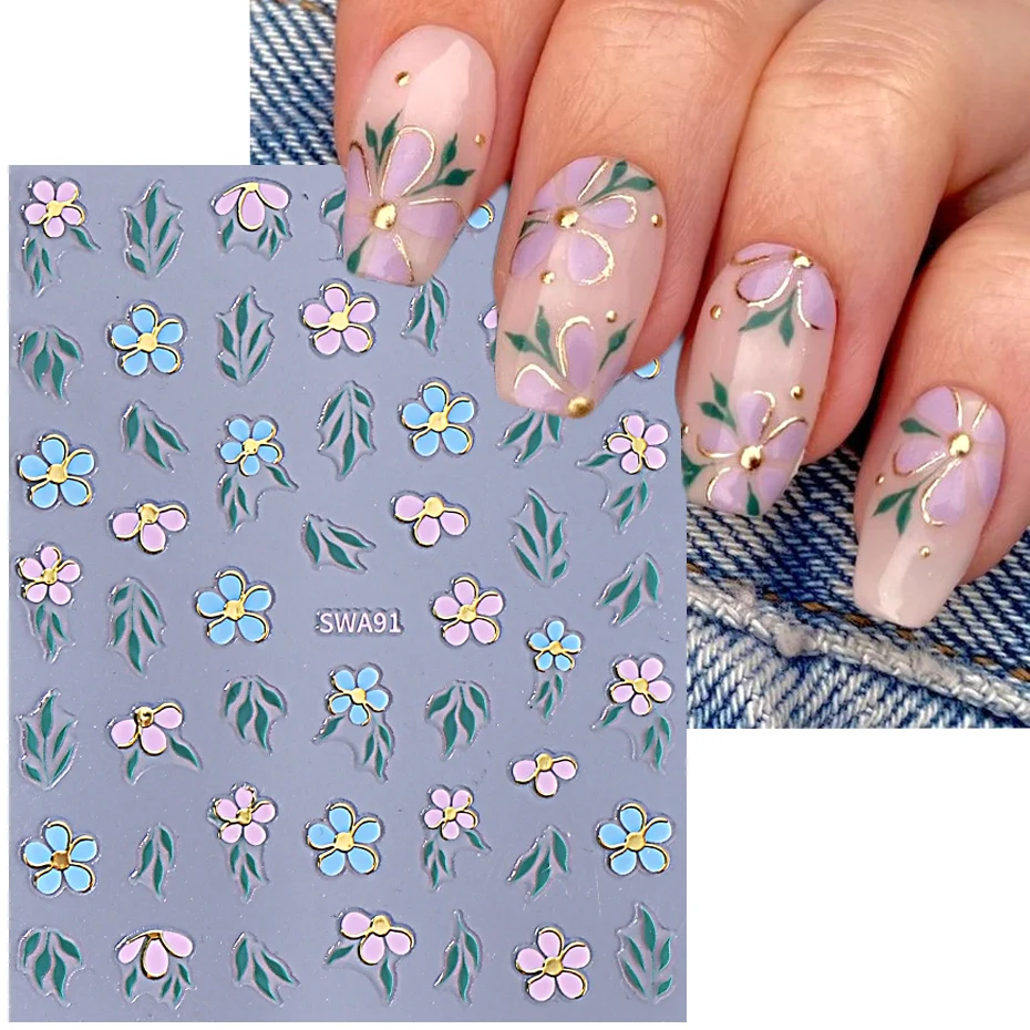 Metallic Petals Nail Sticker 3D Gold Line Colorful Daisy Flowers Floral Leaves DIY Spring Summer Holographic Manicure Decoration