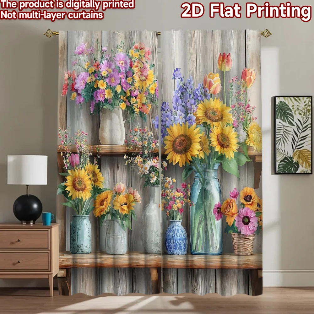 2D flat 2pcs Curtain Retro Country Style Spring Flower Vases Digitally printed polyester, colorfast Birthday Party Perfect for