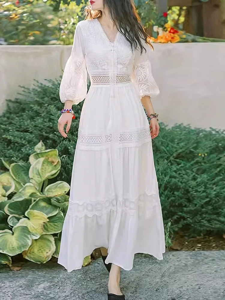 Summer Women Long Dress Vintage White Boho Lace Dresses Female Hollow Out Dress Ladies Elegant Loose Beach Holiday Vestidos