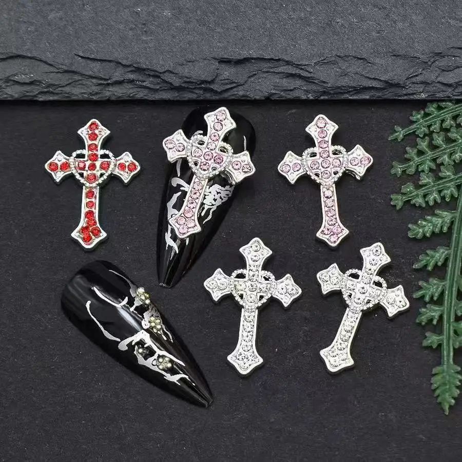 5 Stück XXL Silber Kreuz Luxus Nail Art Strasssteine 3D Y2k Herz Kreuz (Rosa, Schwarz, Rot) Exquisite Legierung Nagel Charms DIY Nagel Deko