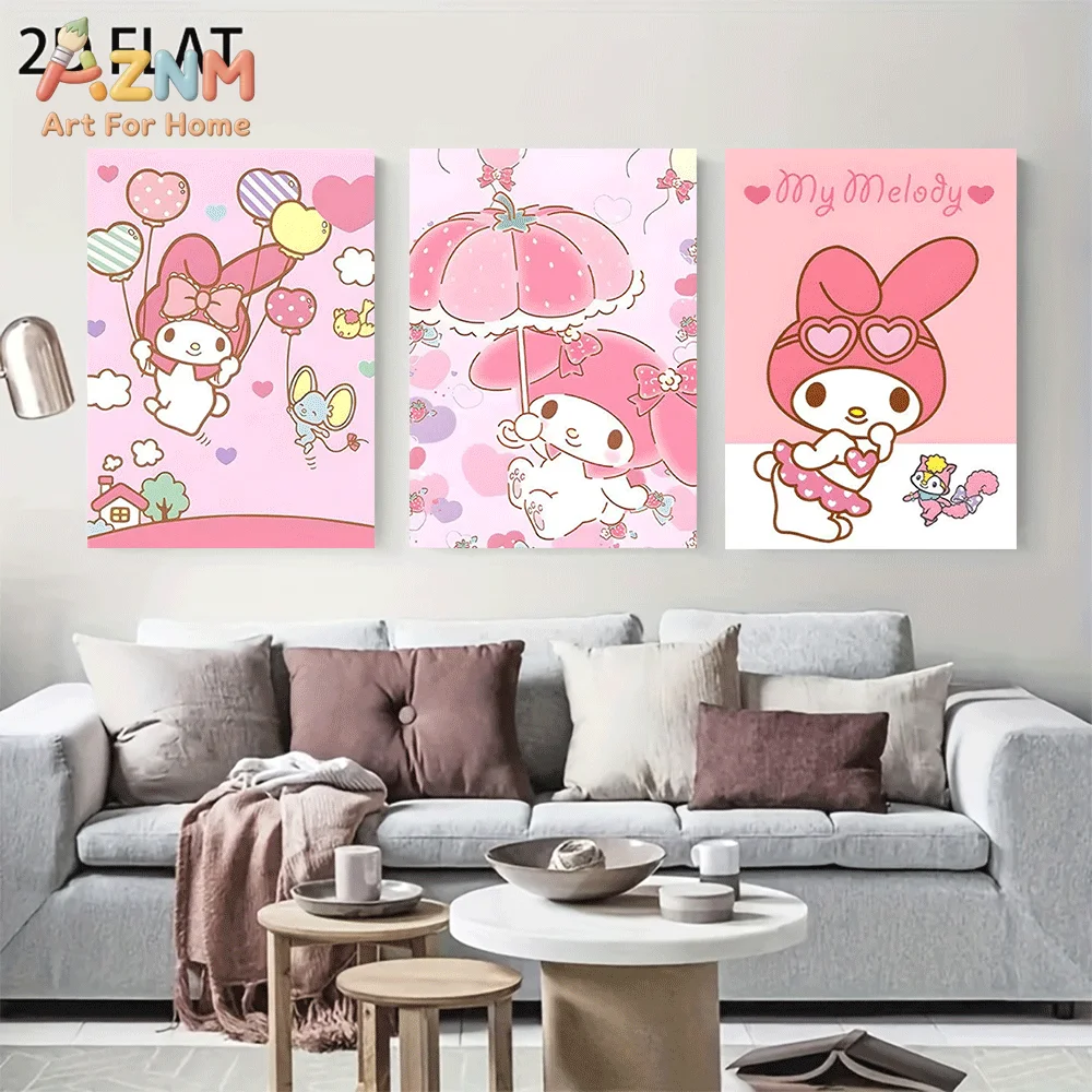 AZNM Sanrio My Melody Canvas Wall Art Unframed Cute Cartoon Pink Balloon Umbrella Heart Theme Print Painting Girls Bedroom Home