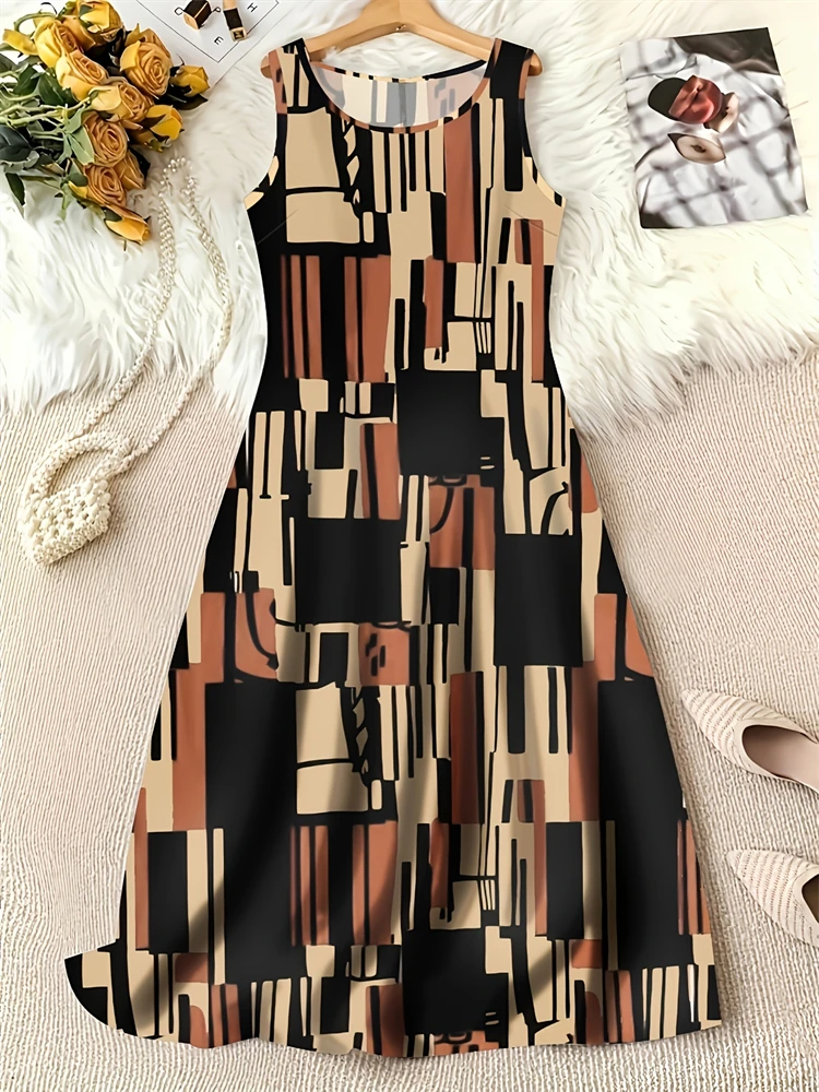 Women's Summer Sleeveless Dresses with Geometric Patterns Outdoor Vacation and Beach Dresses Women's Bohemian-Style Dresses