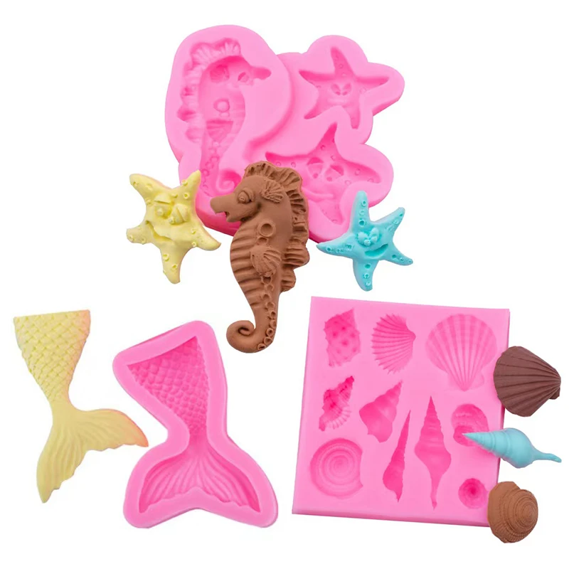 Ocean Theme Silicone Fondant Mold Mermaid Tail Seashell Starfish Hippocampus Conch Cupcake Chocolate Mold DIY Baking Tools