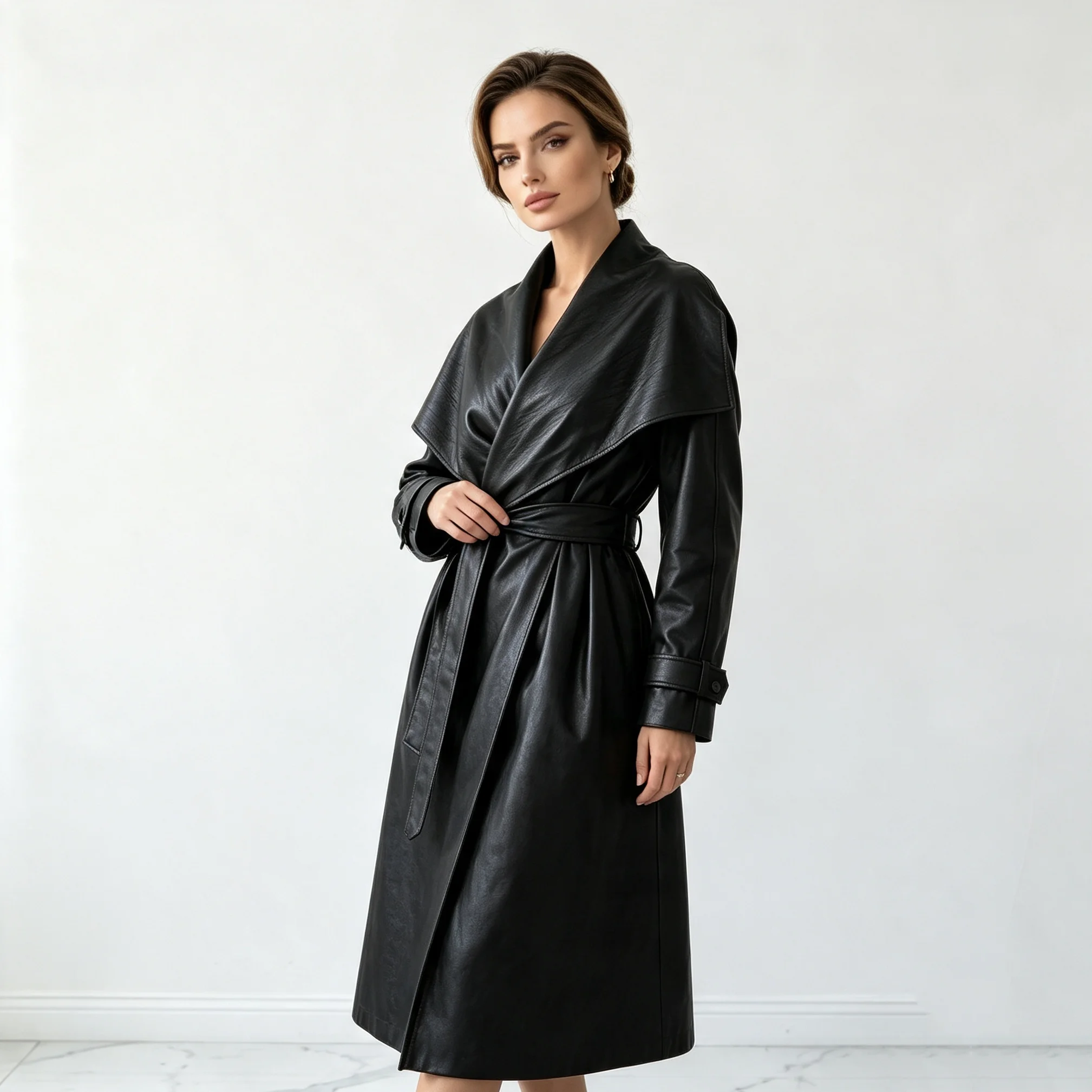 PUAL Women Large Lapel Faux Leather Trench Coat, Wrap Belted PU Long Outerwear, Cuff Strap Windbreaker