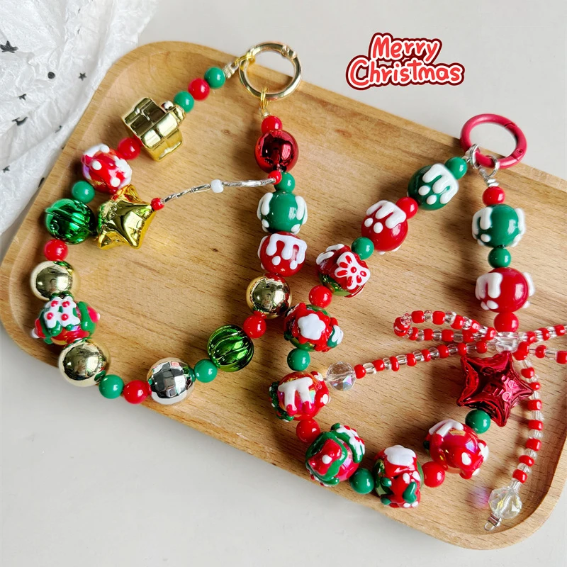 Cordón de teléfono de Navidad de dibujos animados, cadena con cuentas de Navidad, colgante de cadena para teléfono móvil, pulsera antipérdida, llavero con correa para teléfono móvil