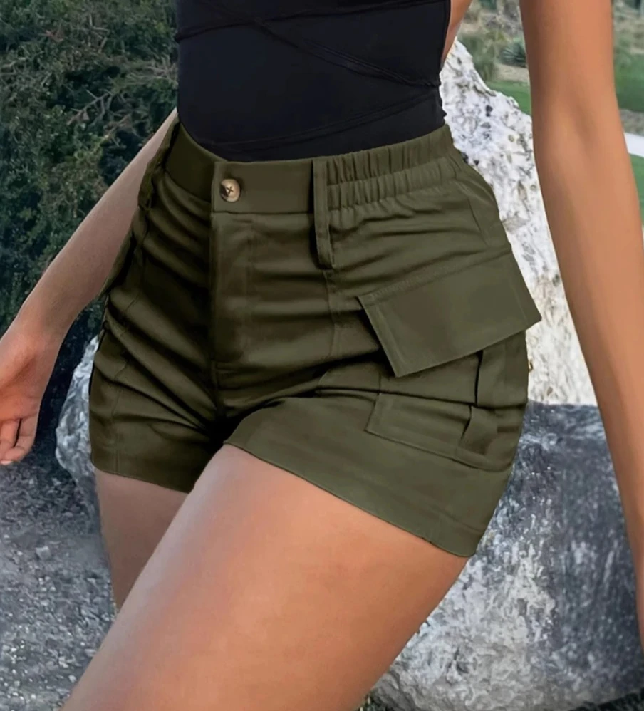 Frühling Casual frauen Kurze Hosen Hohe Taille Taste Streetwear Kurze Tasche Cargo-Shorts