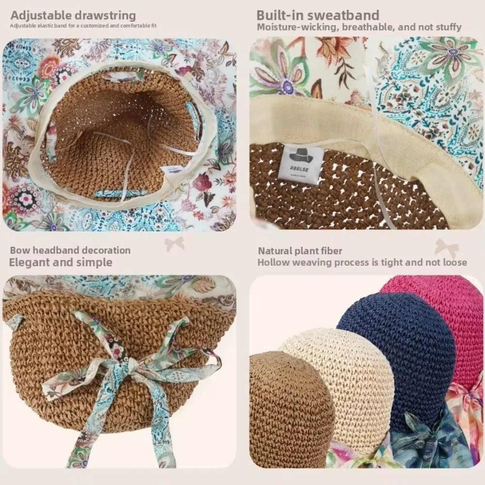 Ethnischer Stil, großer Strohhut mit breiter Krempe, exquisite Blumen, faltbarer Strandhut, UV-Schutz, atmungsaktiver Sonnenschutzhut für den Sommer – Detail 3