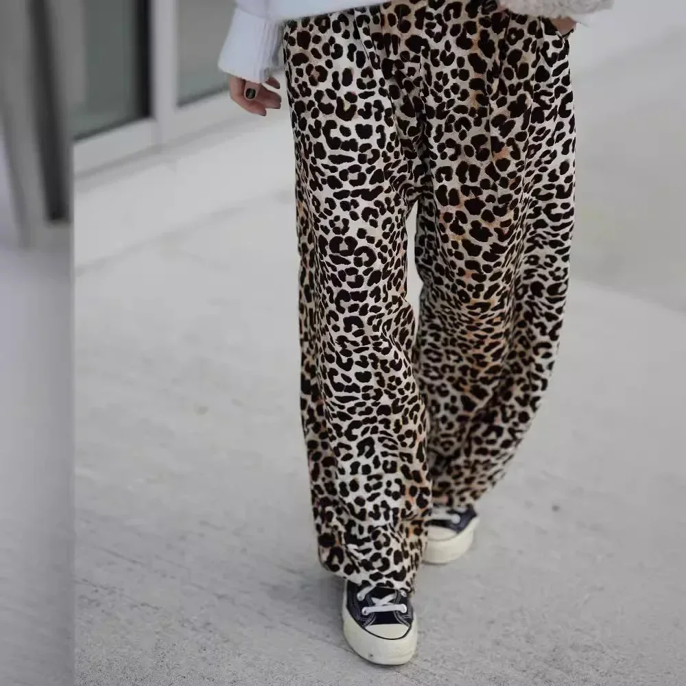 BWQ Vintage Leopard Print Pants Women Casual Loose Lace Up Wide Leg Trousers 2025 Summer Fashion All-match Lady Streetwear