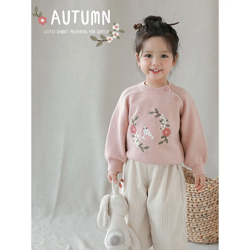 Girls Embroidered Sweater Autumn Fashion Casual Stylish Versatile Children's Ribbed Raglan Knit Cardigan Jacket 2