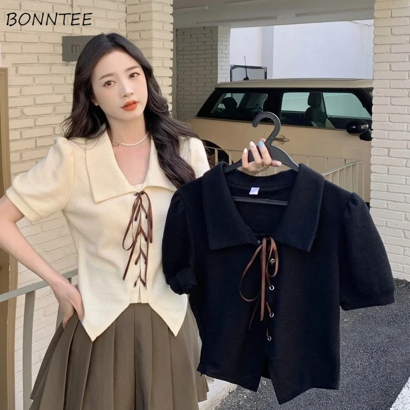 

Shirts Women Simple Bandage Elegant Popular All-match Sweet Fashion Puff Sleeve Summer New Clothing Young Ladies Cozy Streetwear