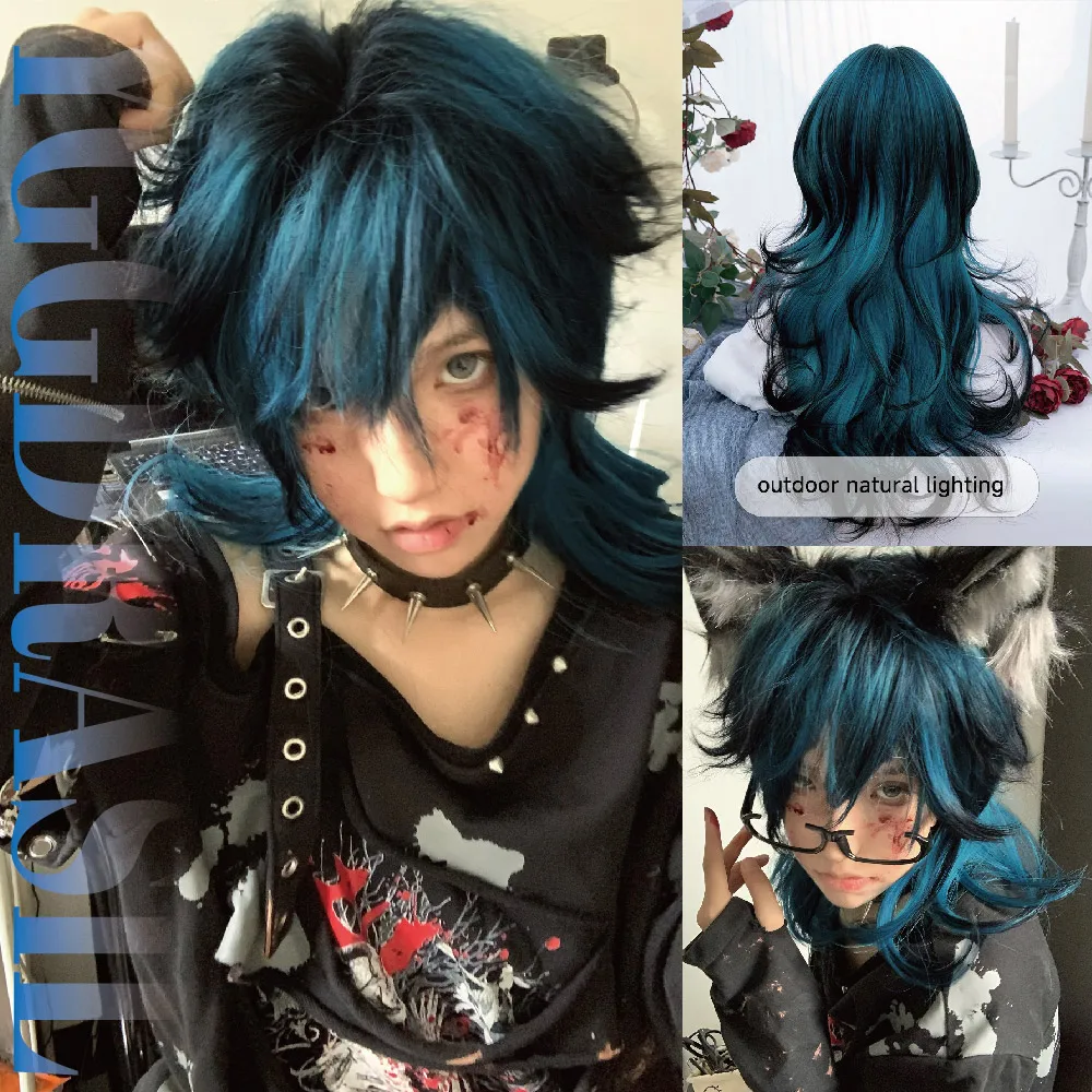 28 Zoll blaue Highlights schwarze Gothic-Stil synthetische Perücken mit Pony lange gewellte Haarperücke für Frauen Cosplay Party hitzebeständig