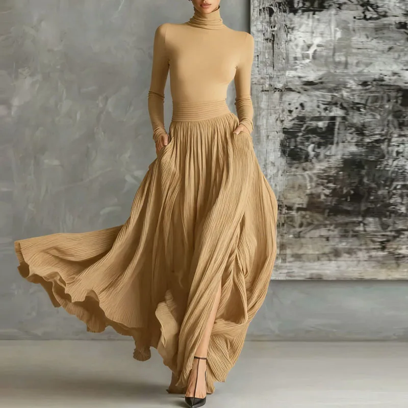 프렌치 스타일 레트로 솔리드 롱 드레스 수트 여성 우아한 터틀넥 탑 풀오버 & 플리츠 맥시 스커트 2피스 세트 가을 의상