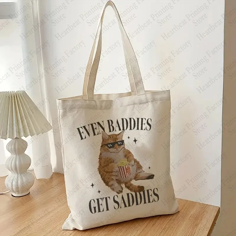 Even Baddies Get Saddies Pattern Books Storage Totes Shopping Bags Reusable Cute Cat Graphic Shoulder Bag for Daily Life