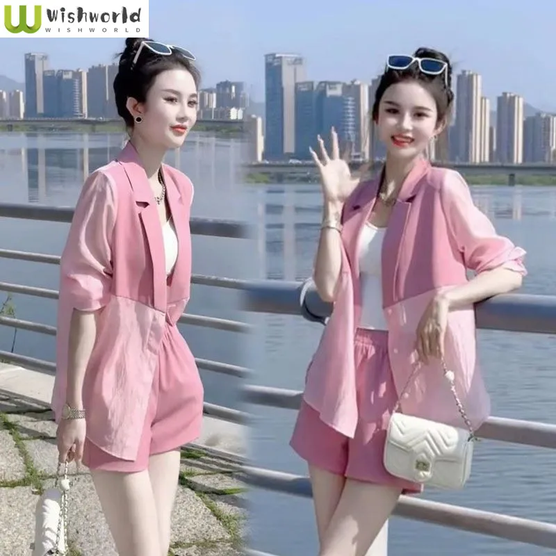 

New Korean Fashion Set Women's Summer Suit Collar Sunscreen Suit Coat Temperament Slimming Shorts Two Piece Set