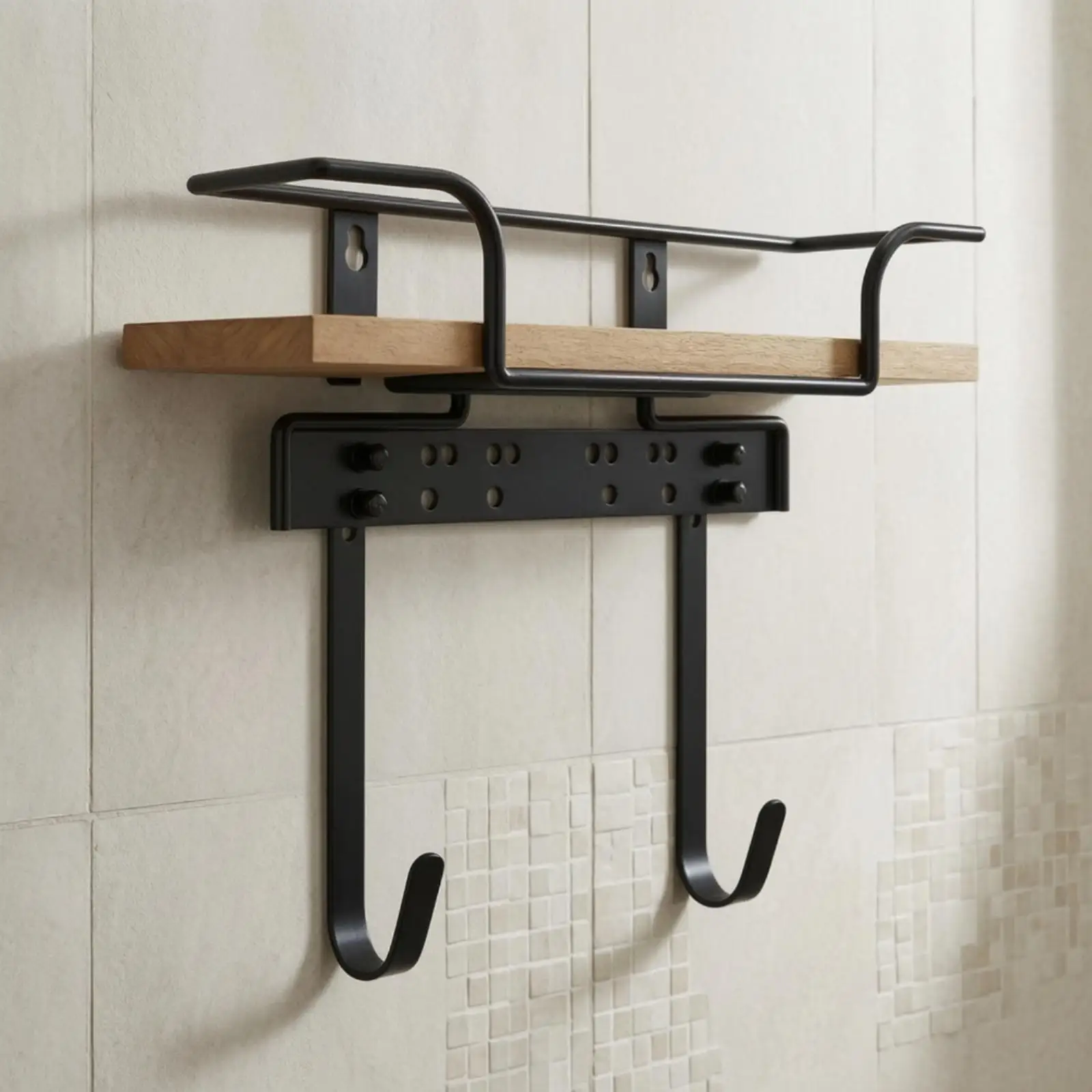 Wall Mount Ironing Board Caddy with Wood Shelf and Metal Guard Rails for Laundry Room Apartment Small Space Carbon Steel Black