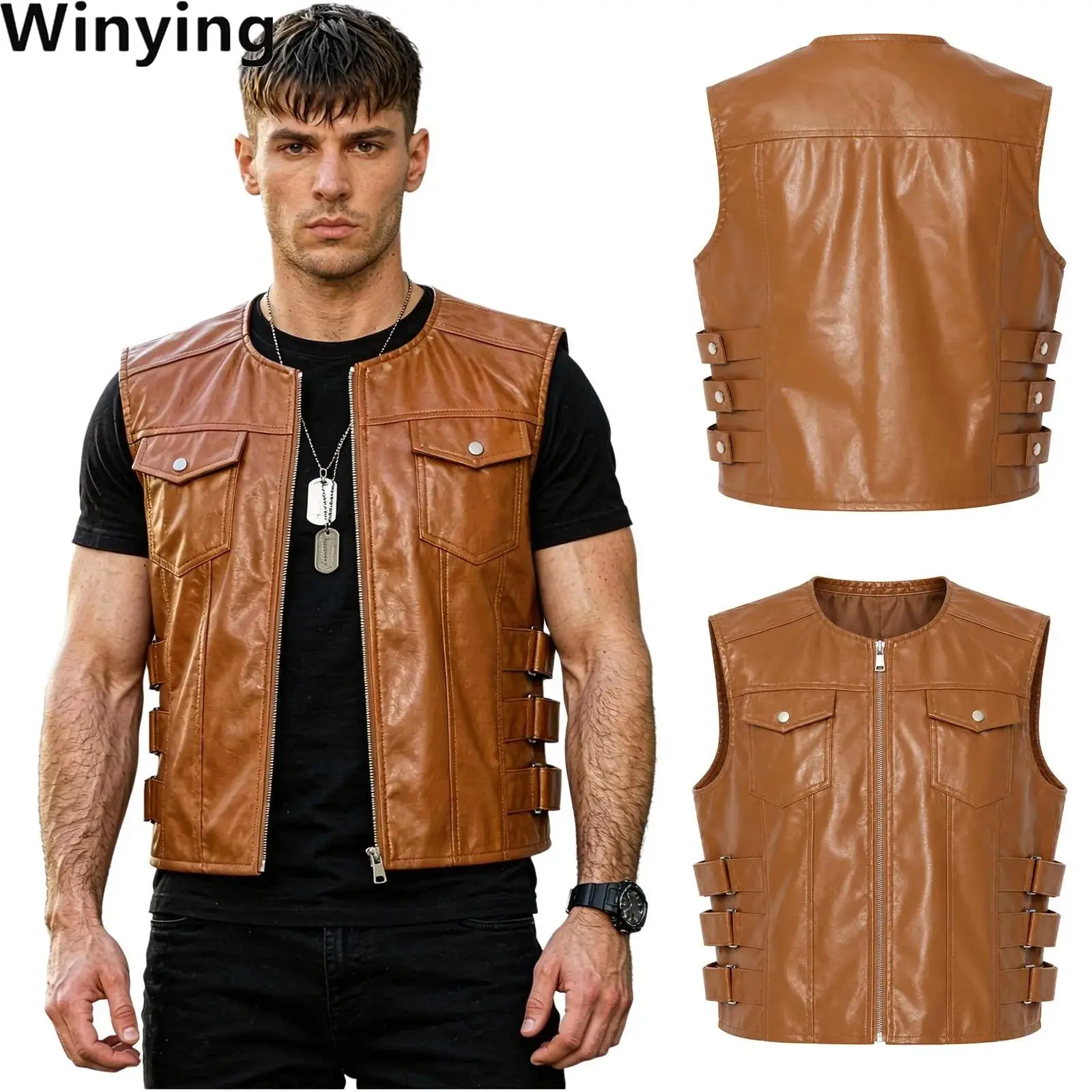 Men Motorcycle Faux Leather Vest Side Button Straps Zipper Sleeveless Jacket with Flap Pockets for Club Party