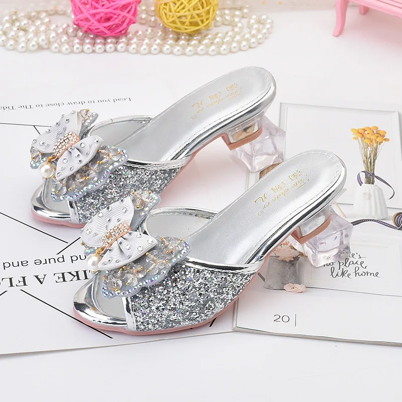 Girls High-heeled Sandal Slippers Children\'s Slippers Bow Pearl Kids Crystal Drill Princess Wedding Party Performance Slippers