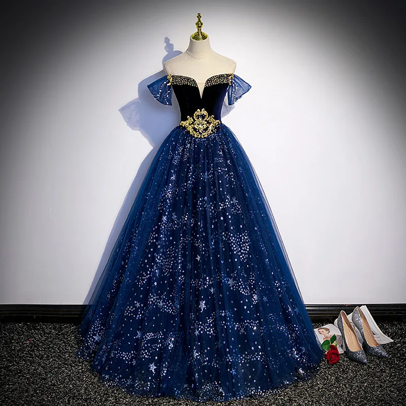 LZPOVE-vestidos de quinceañera para mujer, vestido largo Formal con hombros descubiertos, vestido de graduación con cuentas, vestidos de noche azules para fiesta, 2023