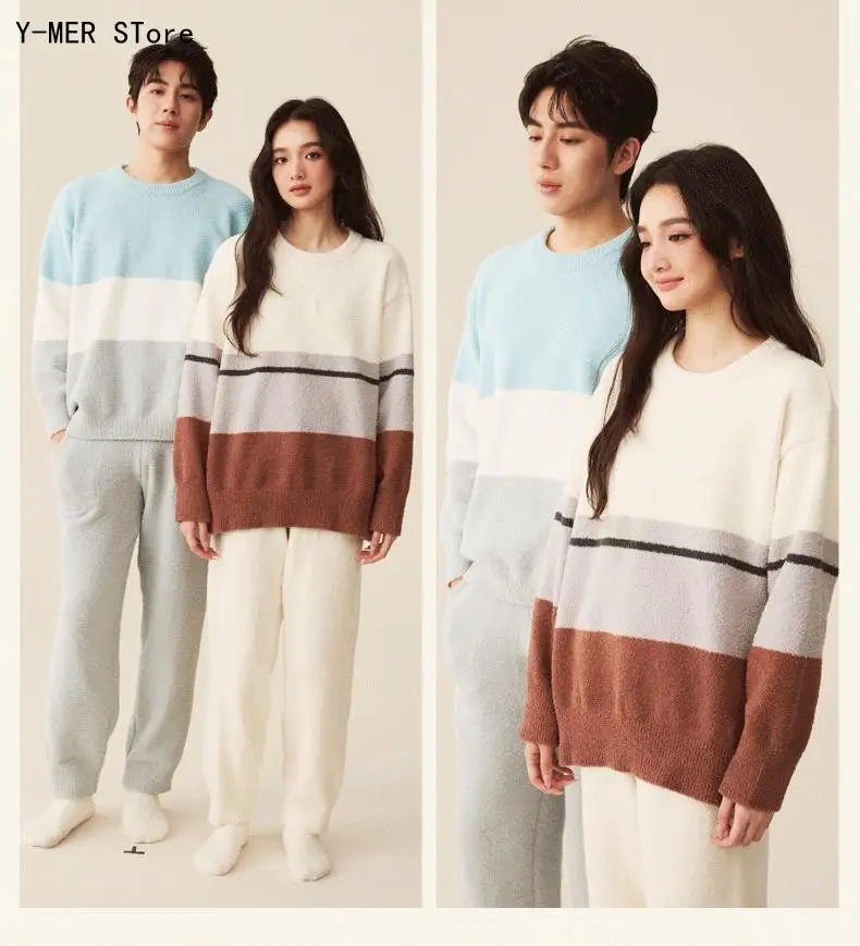 Unisex Couple Winter 2Pcs Striped Velvet Pajama Set Thick Fuzzy Warm Loungewear Home Sleepwear for Women & Men