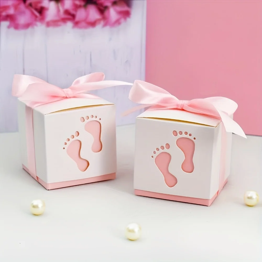 15 Stück Fußabdruck-Süßigkeitsschachteln mit Band, blau-rosa Geschlecht offenbaren Party-Geschenkbox mit niedlichem Fußabdruckmuster – Detail 5
