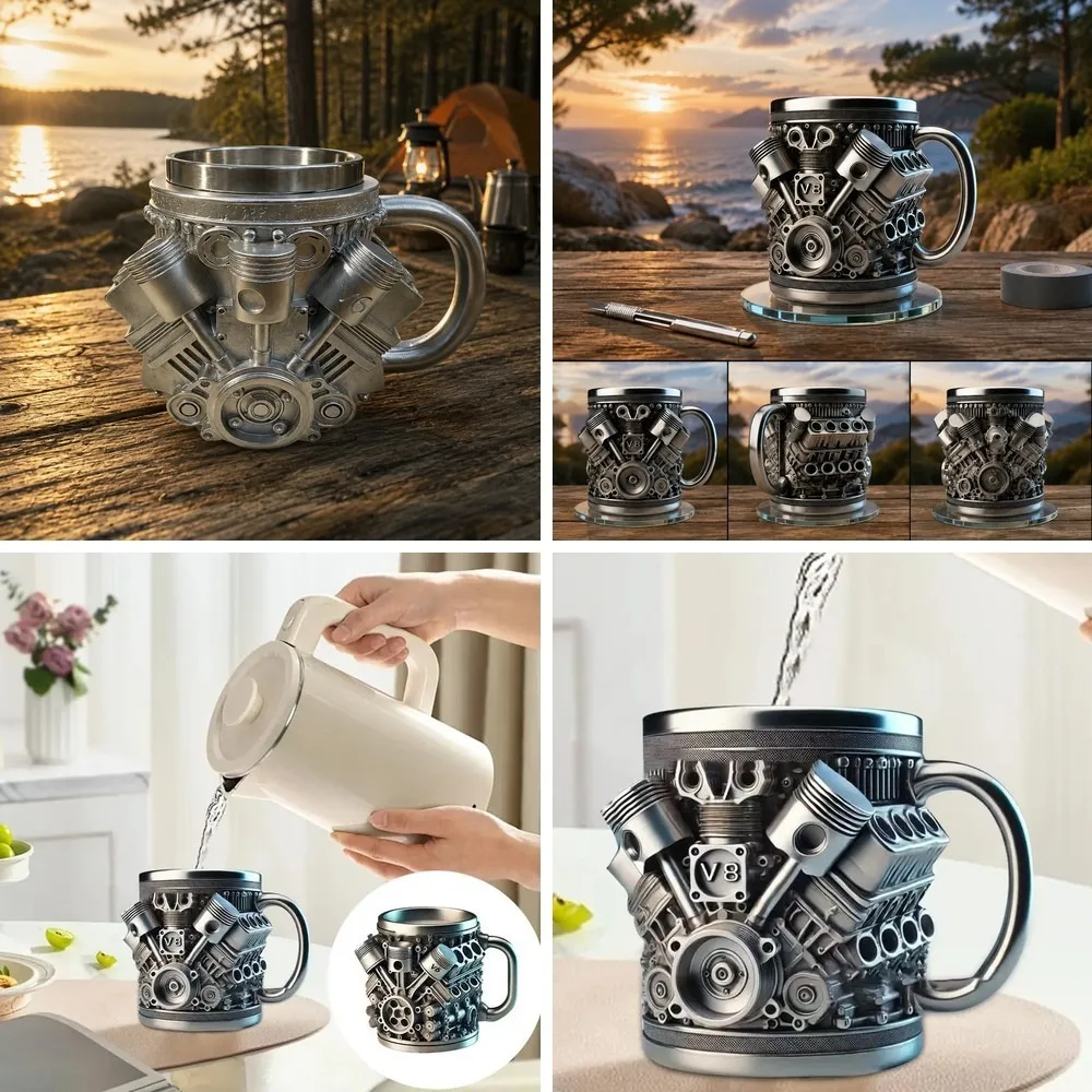 V8-Motor Edelstahl-Isolierbecher, Doppelwandiger Vakuumbecher für Heißen & Kalten Kaffee, Tee, Cooles Auto-Trinkgefäß-Geschenk