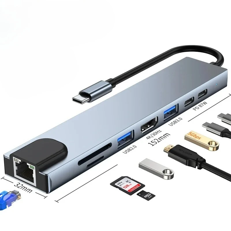 8 in 1 USB C Hub Type C 3.1 to 4K HD Adapter with RJ45 SD TF Card Reader PD Fast Charge for MacBook Laptop Notebook