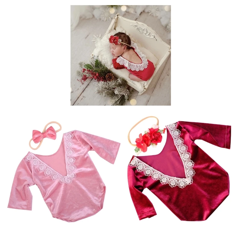 Photography Props for Baby Girls 0-2M Photo Costume Lace Jumpsuits Flower Hair Rope Newborn Milestones Photo Outfit 2pcs