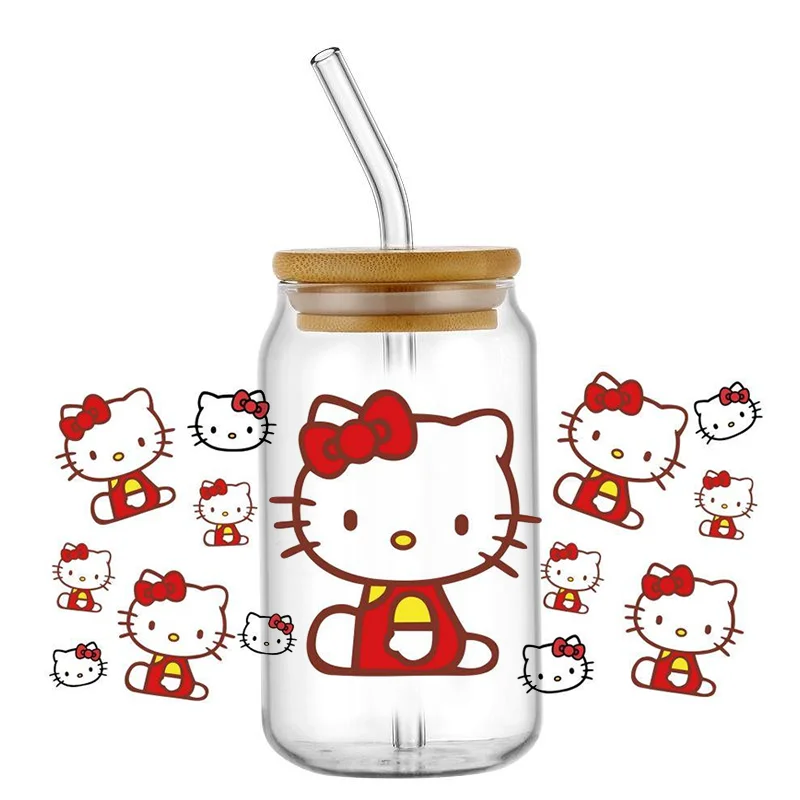 Miniso Kawaii Hello Kitty Cartoon UV DTF Cup Wrap For 16oz Libbey Coffee Glass Can Cup Wrap Easy peel waterproof DIY Wholesale