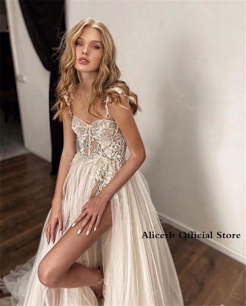 Boho Tulle abiti Da Sposa spalline Appliques di pizzo A-Line Side Split abiti Da festa di nozze Backless Beach Abito Da Sposa