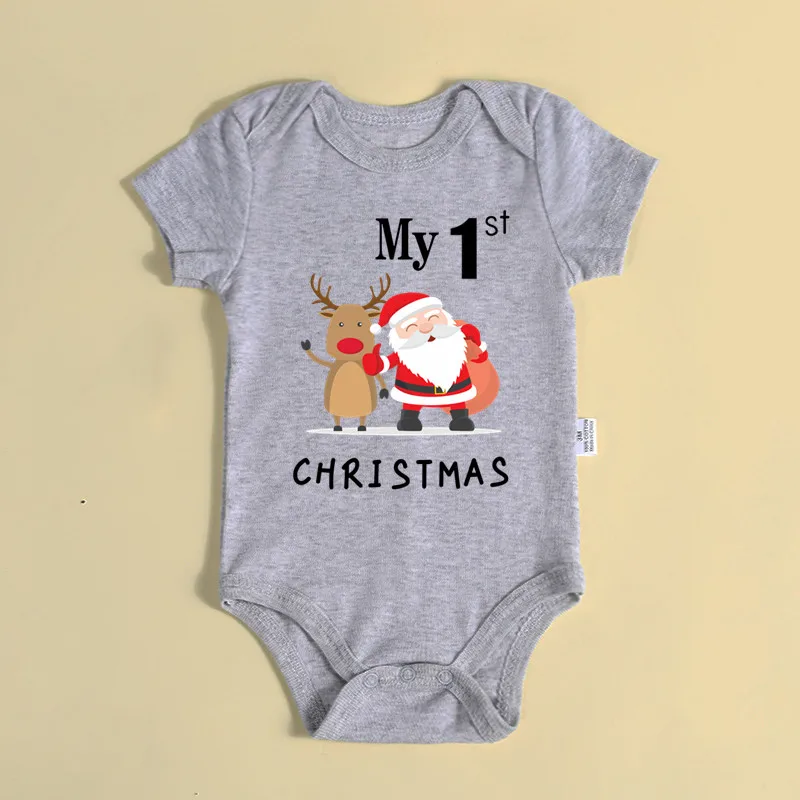 Mein 1. Weihnachten Weihnachtsmann-Elch-Print Neugeborenen-Strampler mit kurzen Ärmeln, süßer roter Baumwoll-Baby-Body für Jungen und Mädchen – Detail 5