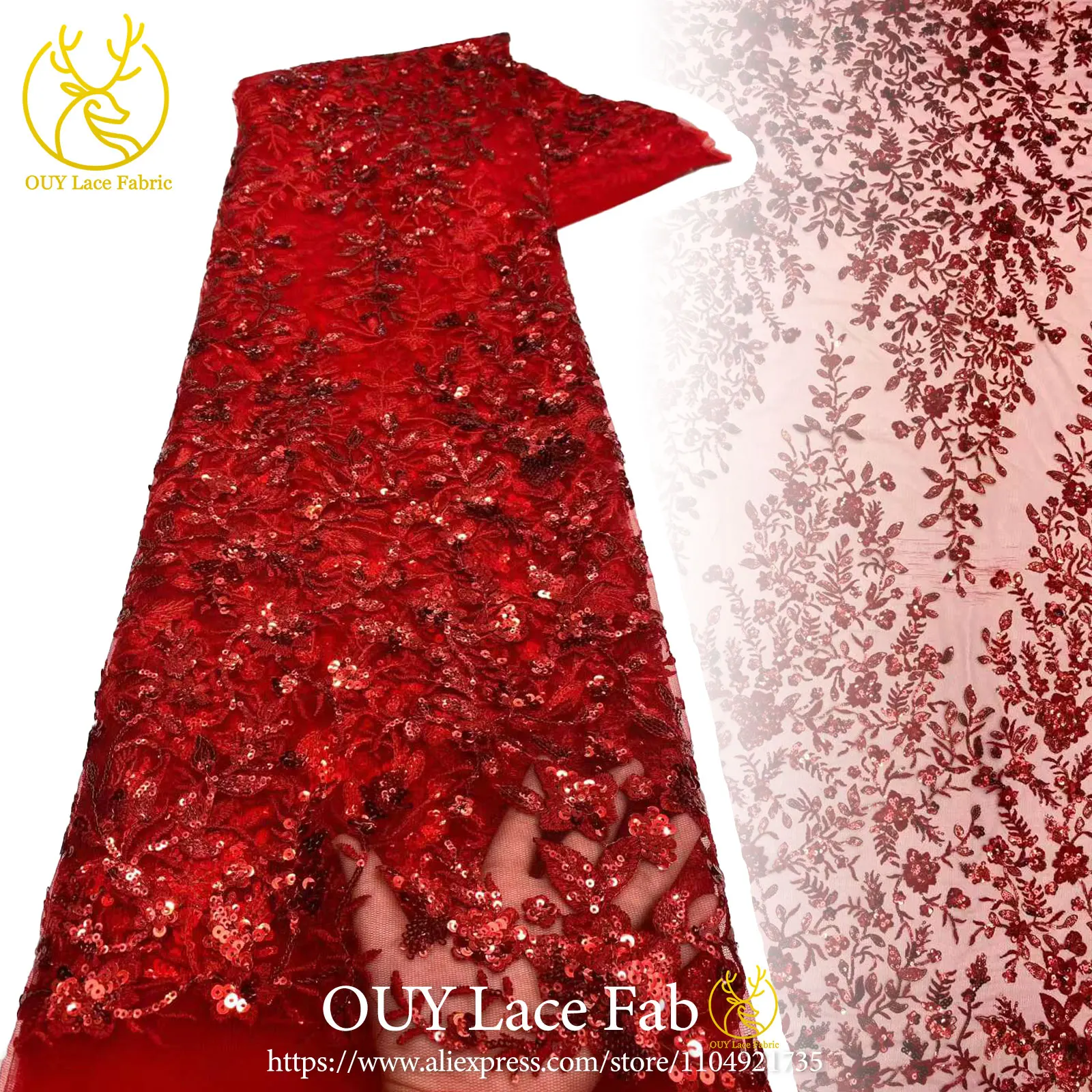 African Groom Embroidered Sequin Lace Fabric 2026 Red Nigerian French Mesh Lace Fabric Suitable For Wedding Dress Materials