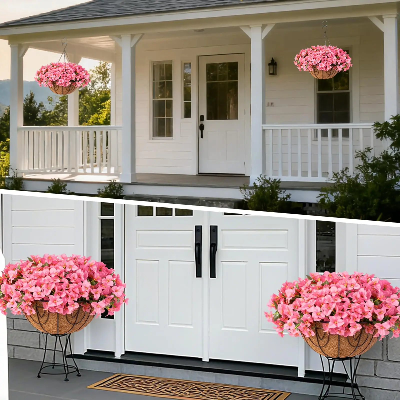 

2 комплекта искусственных уличных цветов Bougainvillea с коричневой корзиной, 12 шт. искусственных подвесных цветов Bougainvillea, для Рождества