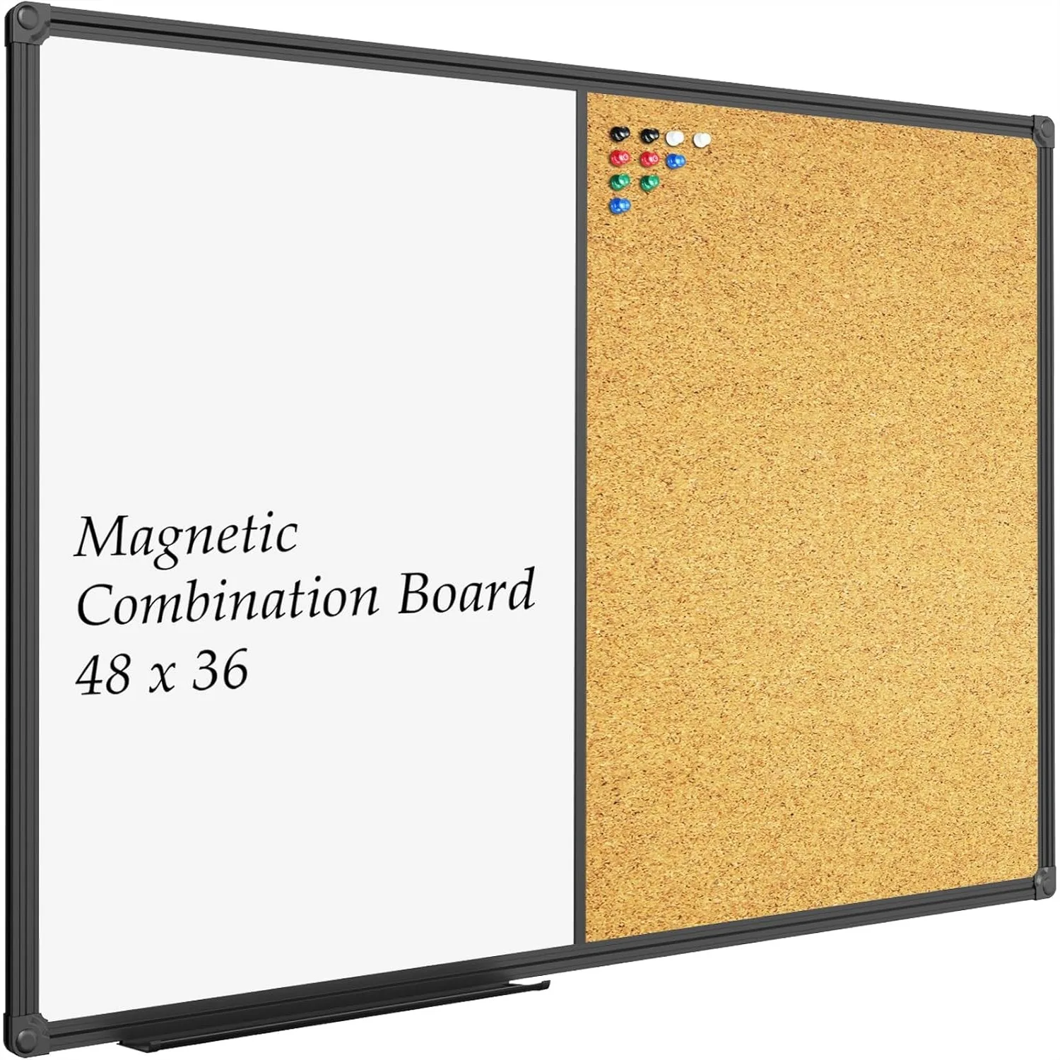 

Magnetic White Board & Bulletin Corkboard Combination 48x36, Black Aluminum Frame Wall Mounted for Office Home School with Push
