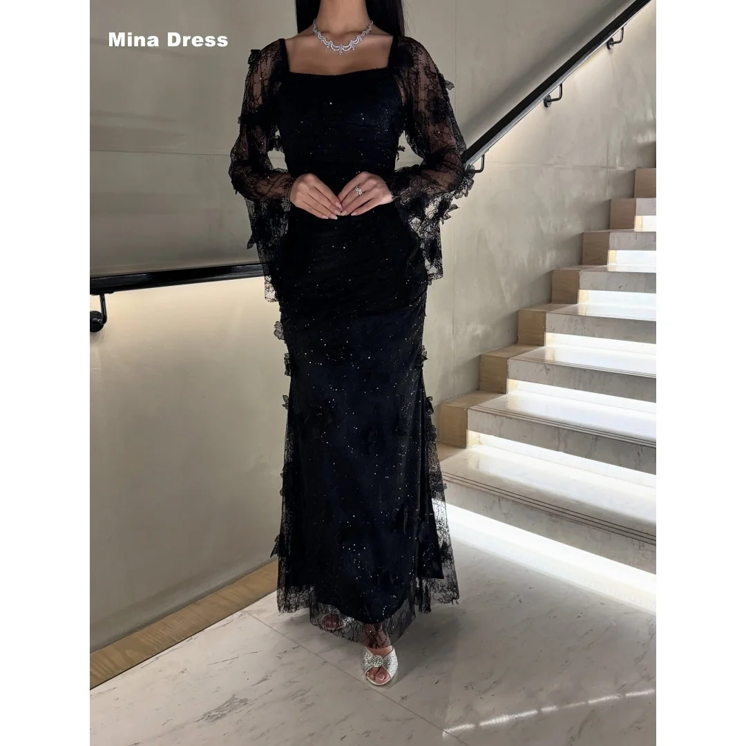 

Mina Customized Black 3D Flowers Luxury Women's Elegant Party Dress Sequins. Long Sleeves Square Collar Formal & Evening Gowns