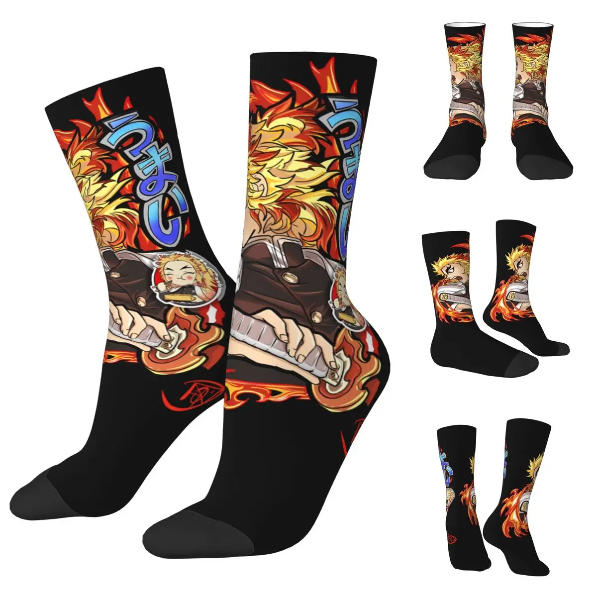 Chaussettes unisexes confortables avec impression 3D, chaussettes de cyclisme Anime Rengoku Kyoujurou DEMON SLAYER intéressantes quatre saisons