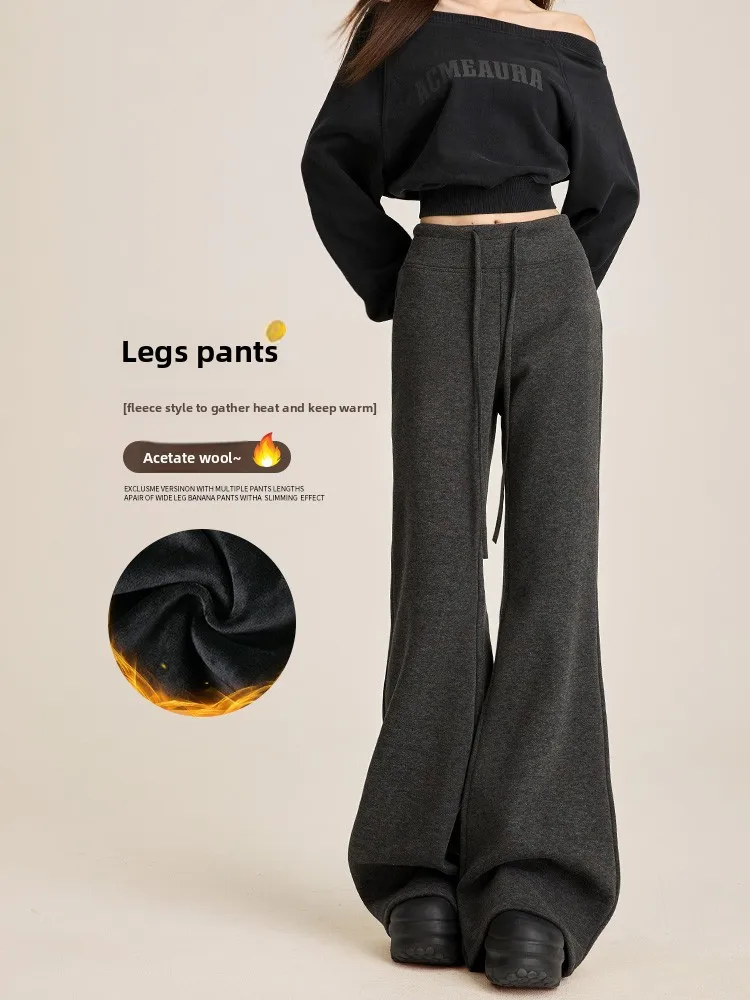 

ay Woolen Flared Pants Women's Autumn Winter New Sle Fce Lined Slimming Yoga Pants Rice Noodle Spor Casual Trousers