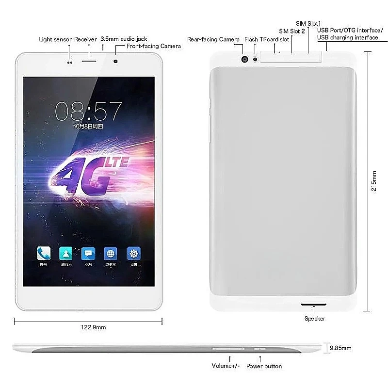 MT8783 ثماني النواة 8 "أندرويد 6.0 3G / 4G مكالمة هاتفية الكمبيوتر اللوحي 2GB RAM 16GB ROM GSM 1920 x 1200 بكسل دعم بطاقة GPS 2xSIM