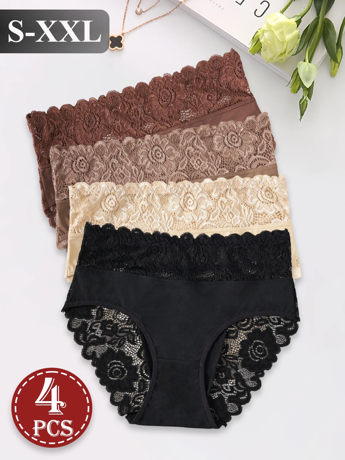 4PCS Elegant Women's High Waist Briefs Hollow Lace Floral Patchwork Underwear Solid Color Lingerie Daily and Special Occasions