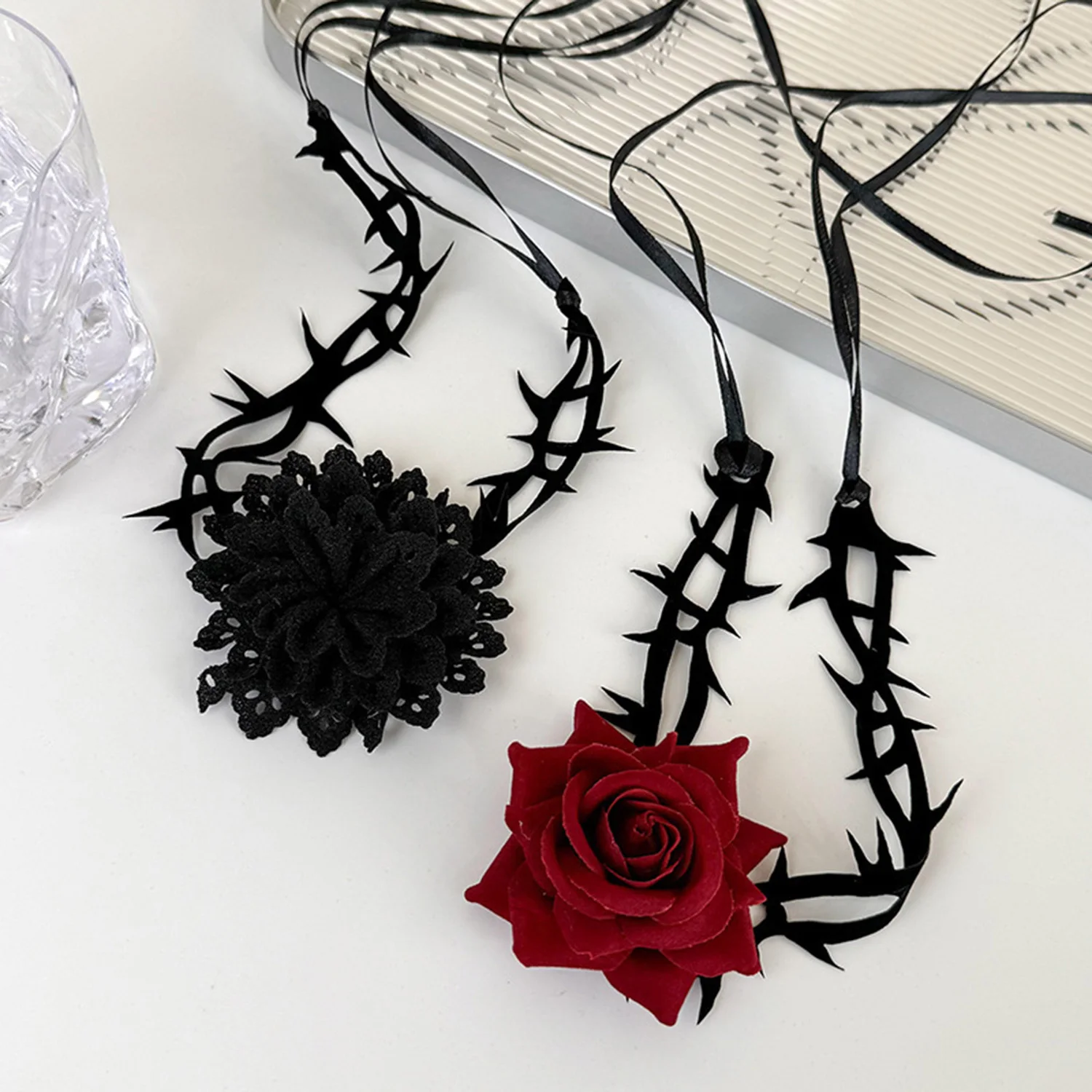 Gothic Red Black Flowers Sexy Lace Neck Choker Lolita Y2K Necklace Vintage Punk Chain For Women Girls Party Jewelry Gifts