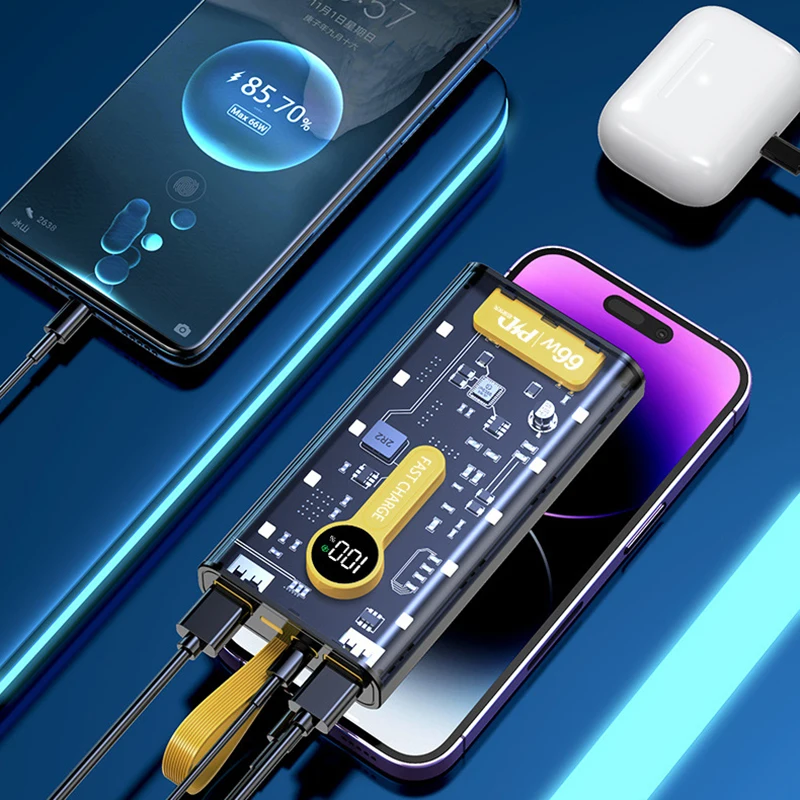 66 واط 200000 باور بانك بسعة كبيرة mAh مع 4 كابلات شحن سريع شاحن بطارية محمول لهاتف iPhone 16 Samsung Huawei Xiaomi