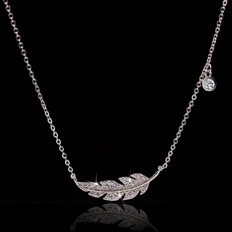 Delicate Female Clavicle Chain 925 Sterling Silver Feather Leaf Micro Pave Dazzling AAA Zircon Pendant Necklace for Women