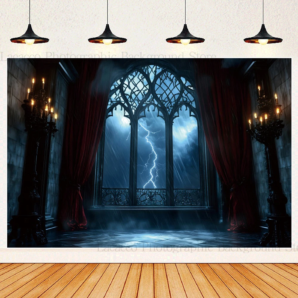 Gothic Vampire Moonbat Background Medieval Castle Lightning Halloween Party Decoration Backdrop Photo Prop Photography Studio