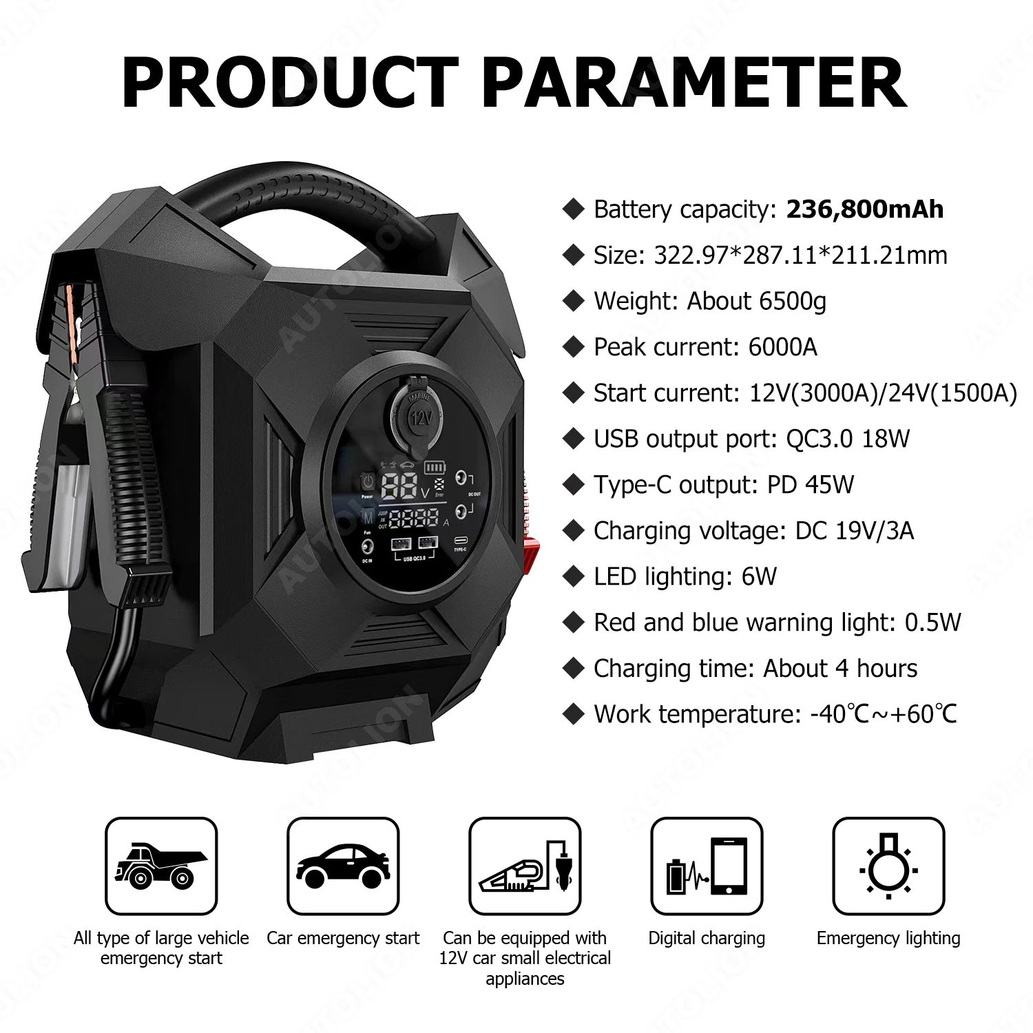 High Quality 12V and 24V 236800mah Car Starters with Wall Charger Black Color Super Long Standby Three Years