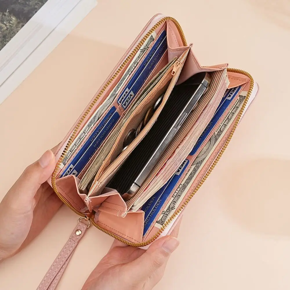 Luxury Leather Long Wallet With Wrist Strap Solid Color Multi Card Holder Large Capacity Phone Handbag Women - view 5