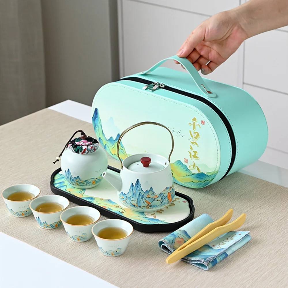 With Travelling Bag 4 Cups Chinese Kung Fu Tea Set Travel Set Ceramic Portable Teapot Porcelain Teaset Gaiwan Tea Cups Tea Tool
