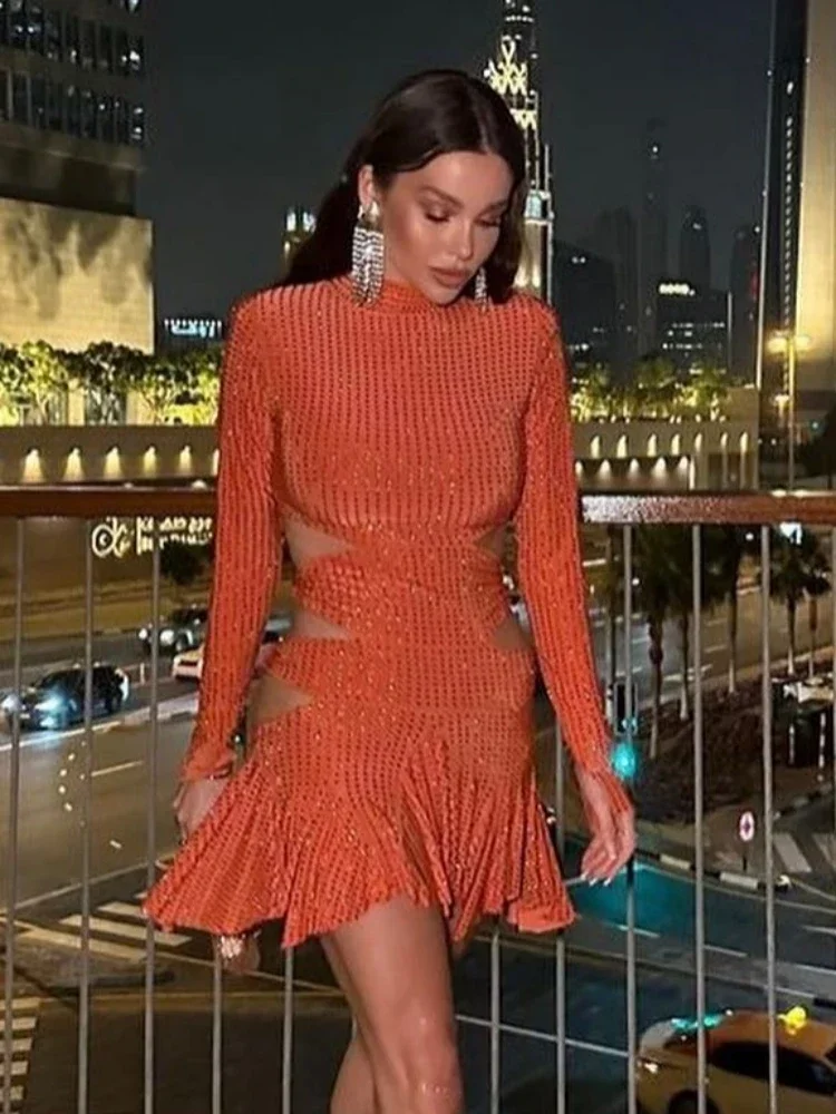 

JOJO Sexy Long Sleeve Cutout Shiny Diamonds Mini Dress Women Orange O Neck Lace-up Pleated Slim Celebrity Party Evening Gown